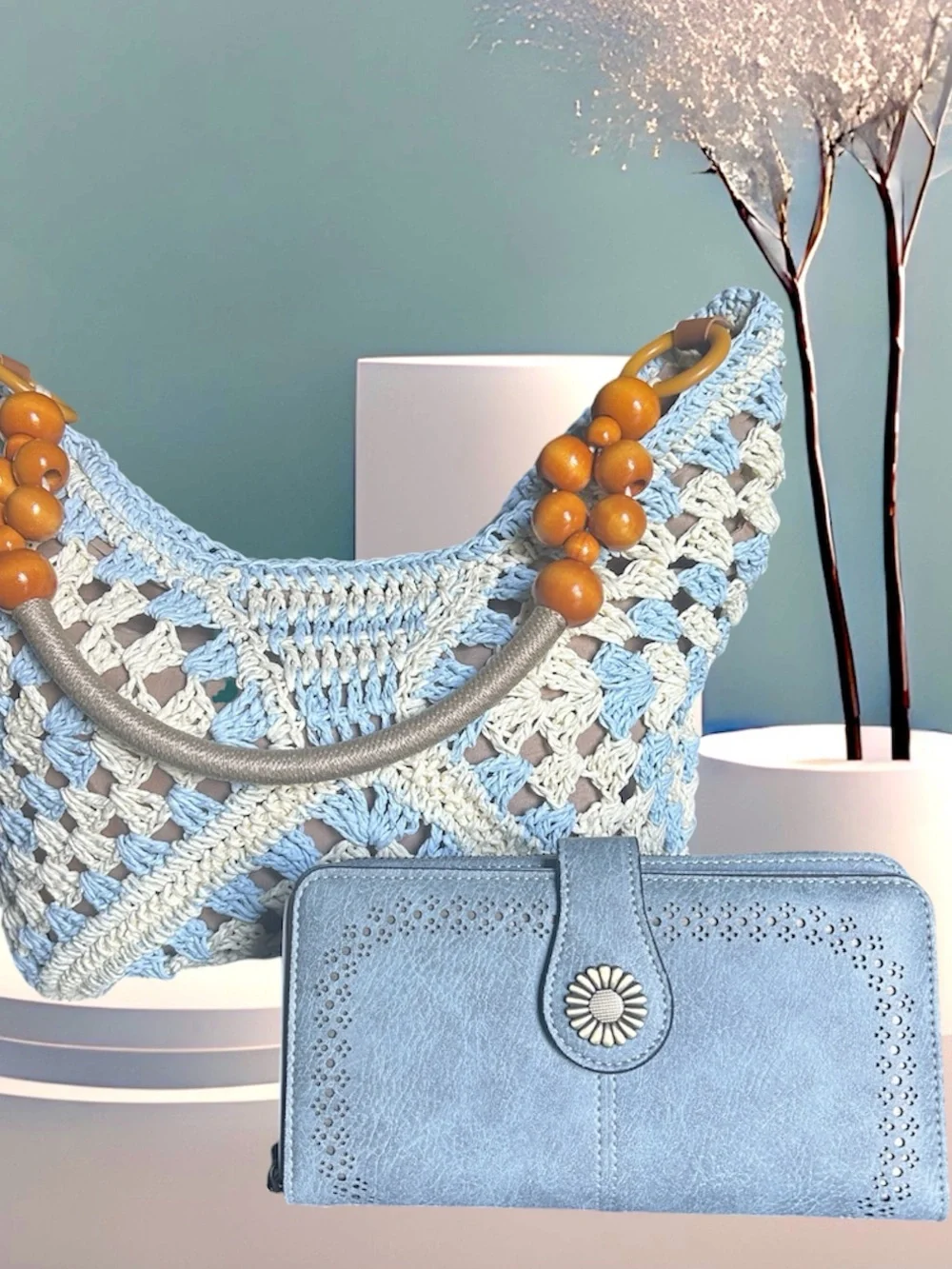 Handcrafted light blue & tan crochet bag and a coordinating light blue wallet